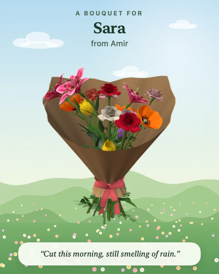 Share picture: a wrapped bouquet over a painted meadow, addressed to Sara
