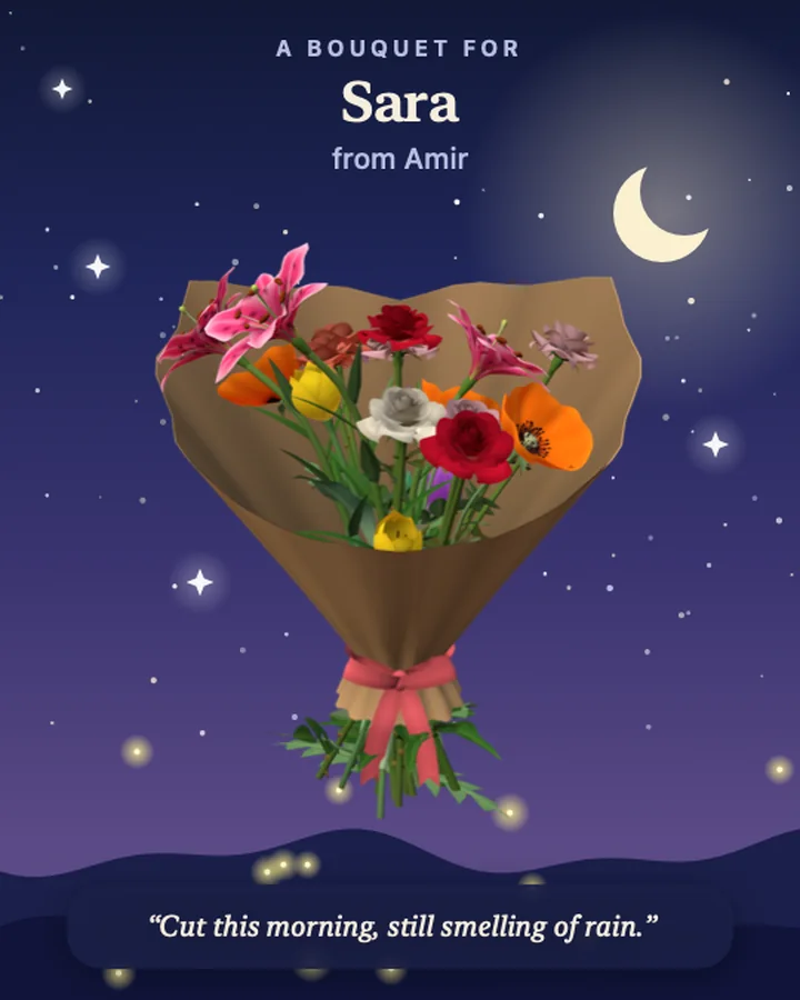 Share picture: the same bouquet under a starry night sky with a crescent moon