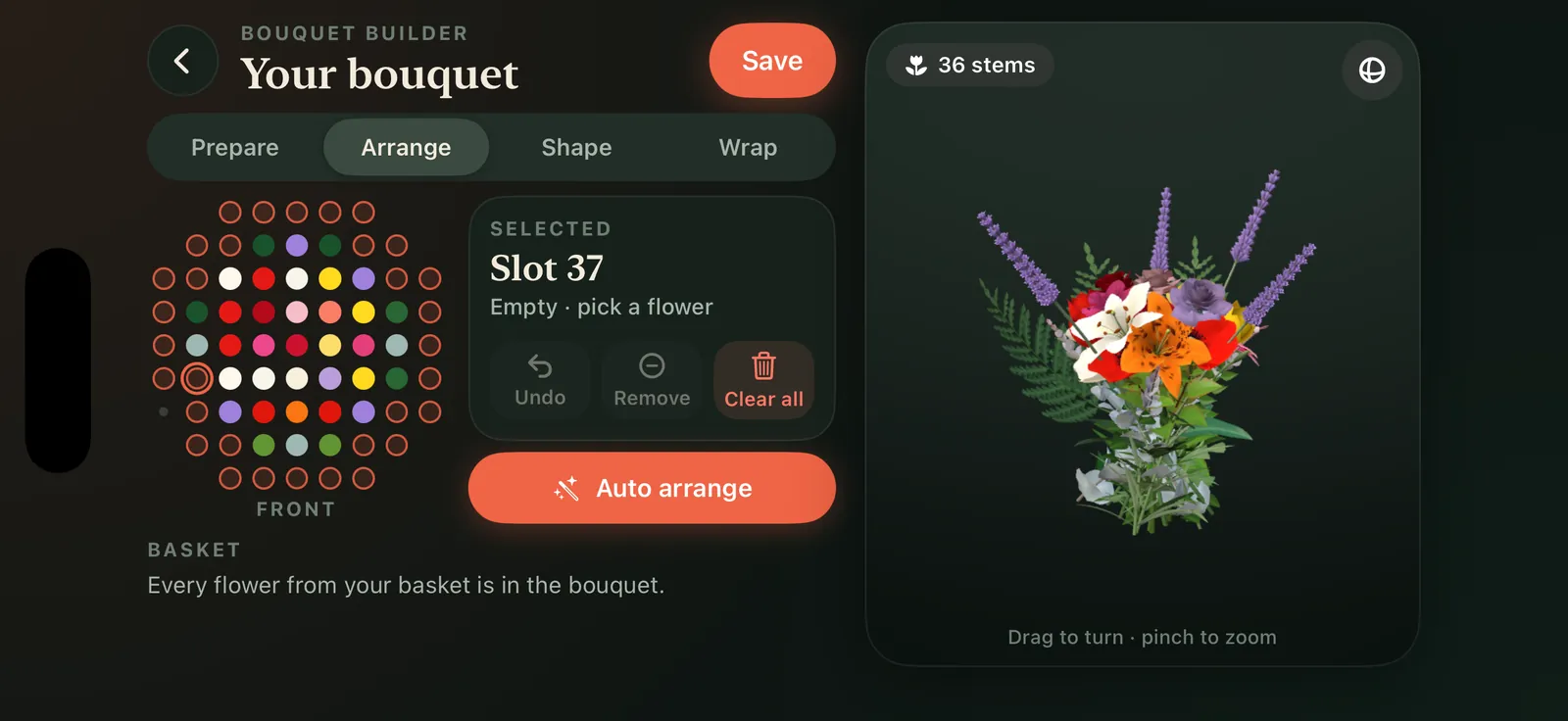 The Arrange tab: a grid of colored slots beside a bouquet of lilies, lavender and foliage