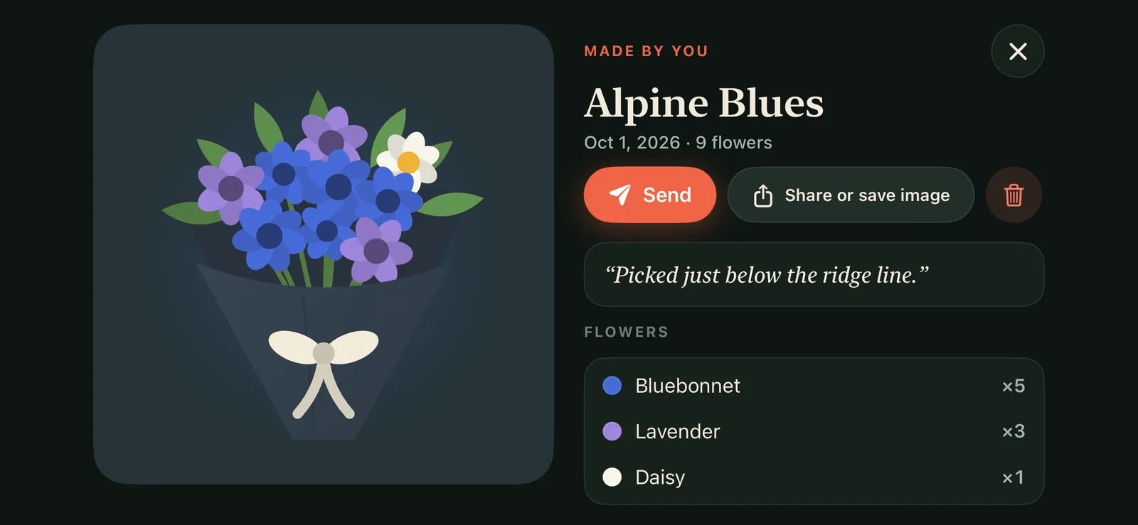A finished bouquet of blue flowers in the gallery, with Send and Share or save image buttons