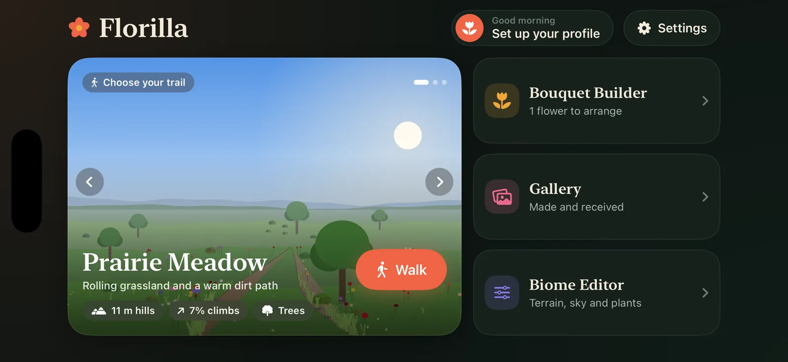 The main menu with the Prairie Meadow trail card and a Walk button