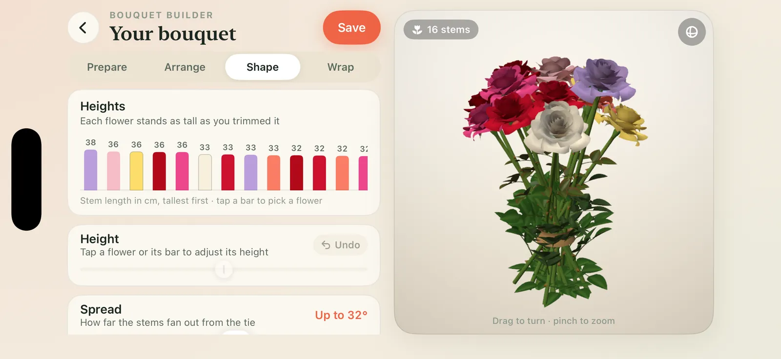 The Shape tab in the light Paper theme, with a heights chart and a bouquet of red and white flowers