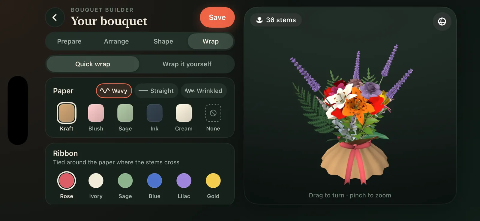 The Wrap tab: paper colors and ribbon colors beside a bouquet in kraft paper with a pink ribbon