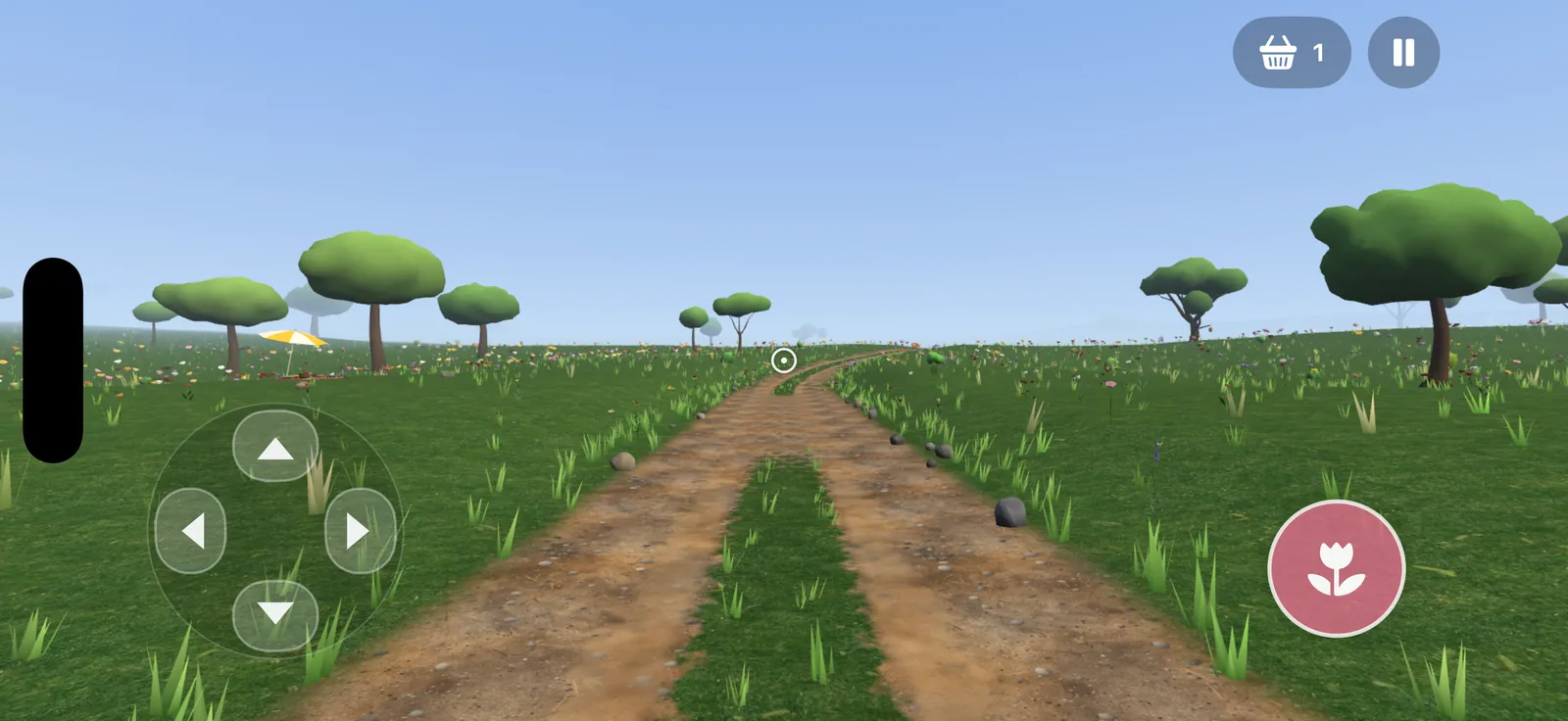 First-person view of a dirt trail through green prairie, with the D-pad on the left and the pick button on the right