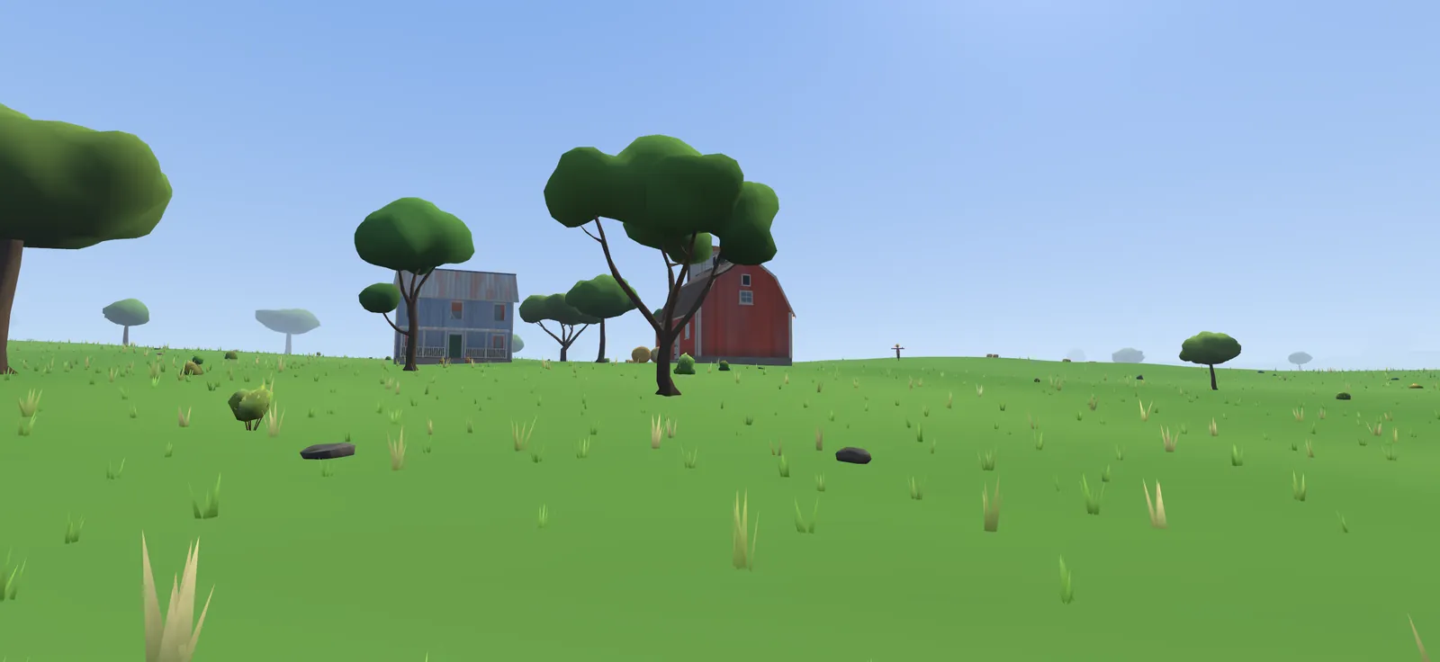 Barns and a farmhouse among umbrella-shaped trees