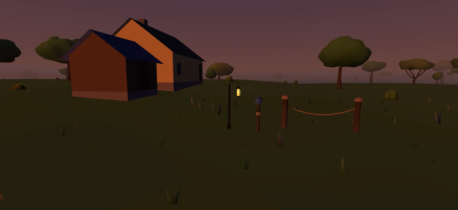 Cottages at dusk with glowing lanterns on the gate posts